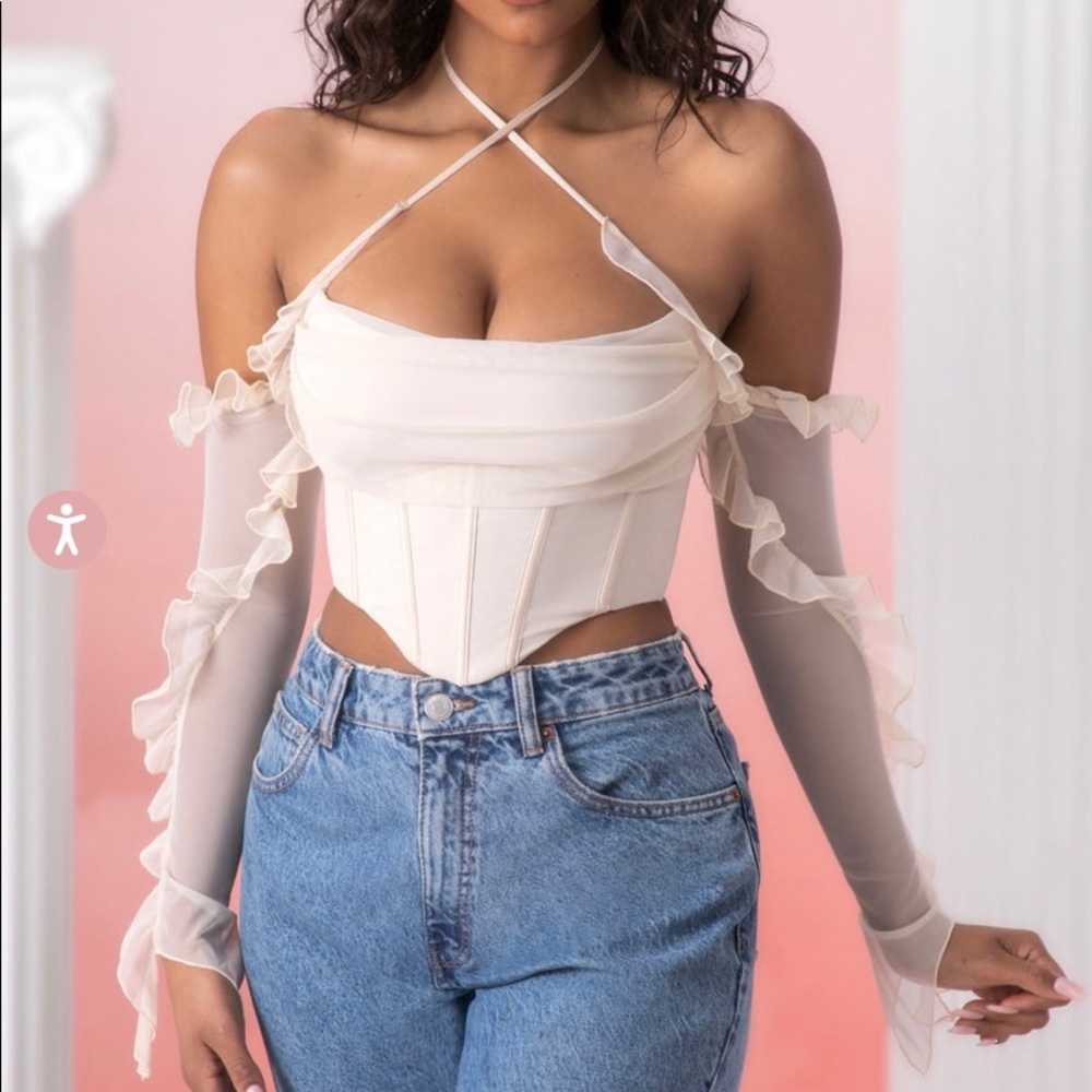 Oh Polly Frill Detail Cowl Neck Corset Crop Top in Beige SIZE US 6